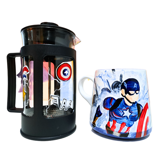 Cafetera francesa 700 cc + tazón cerámica capitán américa
