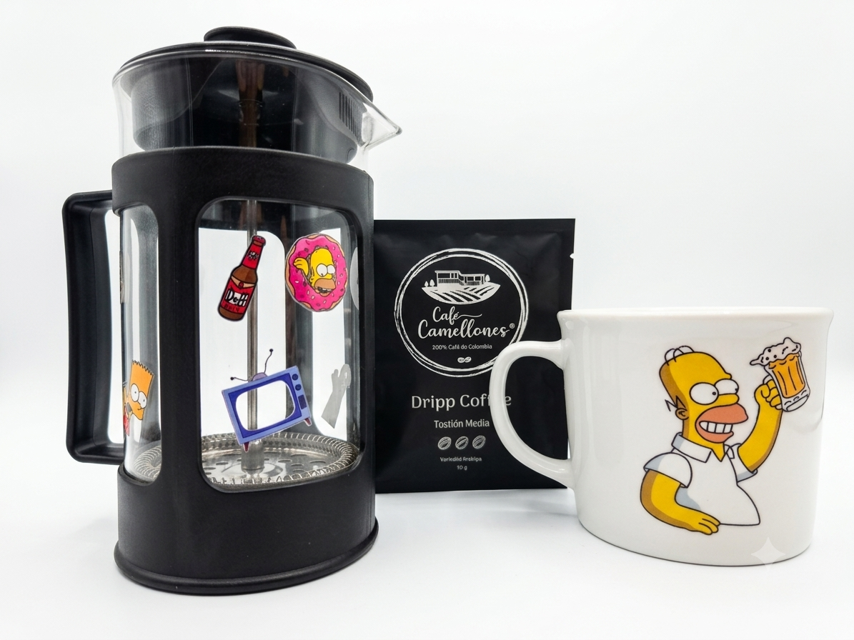 Cafetera homero + taza + café