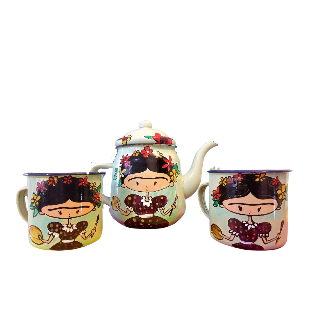 Juego tetera y jarros enlozado Frida Khalo